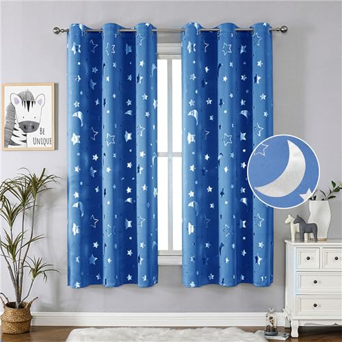 Freyamy Vorhang Blickdicht Hellblau Mond Sternenvorhänge 2 Stück,200x100cm (HxB) Niedliche Vorhänge mit Ösen Lichtundurchlässig thermovorhang kälteschutz Gardinen Lärmschutz für Kindervorhänge