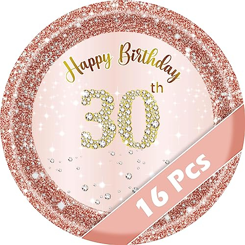 Yiran 16Pcs 30th Birthday Rose Gold Paper Plates 7 inch, Themed Girls Disposable Party Plates, Decorations for Women, Her Supplies (MGJCP-30)