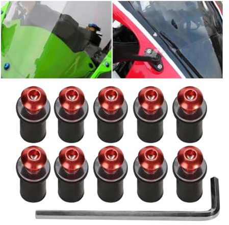 CGEAMDY 10 Pezzi Bulloni Parabrezza per Moto, 5MM Viti per Parabrezza in Alluminio, Accessori Auto Multifunzionali, Kit Bulloni per Carenatura Universale Parabrezza per Moto, Roadster(Rosso)