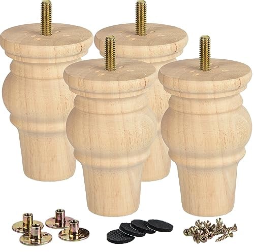 La Vane 4 inch / 10cm Unfinished Wooden Furniture Legs, 4PCS Soild Wood Turned Spindle Replacement Bun Feet with Pre-Drilled M8 Inch Bolt & Mounting Plate for Sofa Couch Chair Ottoman