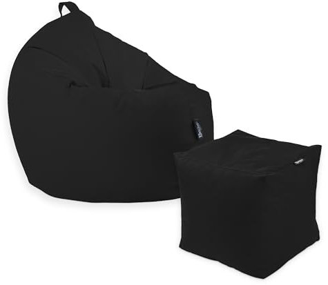 Premium 2-in-1 Sitzsack mit Füllung | Fußhocker | für Kinder & Erwachsene | Outdoor & Indoor | Sitzkissen | Bodenkissen | Wasser- & schmutzabweisend + Sitzpouf 35x35x35cm(Schwarz, 145 CM + Sitzspouf)