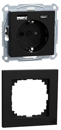 Bundle: Merten MEG2367-0403, System M, Schuko Steckdose+USB, TypA+C, Aus Recyceltem Ocean Plastic, Schwarz Matt + Merten MEG4010-3603, M-Pure, 1 Fach Rahmen, aus recyceltem Ocean Plastic, Schwarz Matt