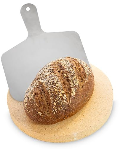 Feuerfest 123 - Brotbackstein Schamotte Rund Ø 31x3 cm inkl. Edelstahl Brotbackschieber, Backstein für Backofen & Gasgrill, Lebensmittelechter Schamottstein für einen unverwechselbaren Genuss