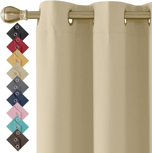 Beige Blackout Thermal Insulated Curtains for Bedroom Ring Top Eyelet window Curtains & Drapes (66 x 54 Inch, 2 panels)