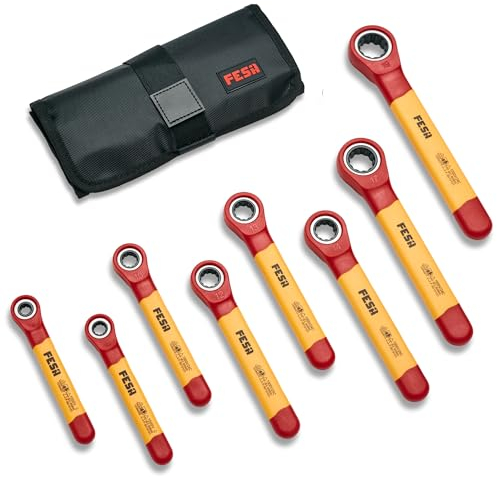FESA Jeu de 8 clés à cliquet isolées 1000 V avec pochette de rangement – Clés isolées métriques incluses dans cet ensemble d'outils d'électricien 7 mm, 8 mm, 10 mm, 12 mm, 13 mm, 14 mm, 17 mm, 19 mm