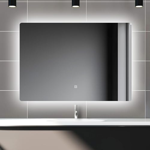 Biubiubath LED Badspiegel 60x40cm Wand/Touchschalter Kaltweiß Dimmbar Badspiegel mit Beleuchtung Badezimmerspiegel Lichtspiegel IP44