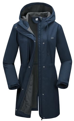33,000ft Veste softshell légère avec capuche - Veste fonctionnelle pour femme - Doublure polaire - Coupe-vent respirant - Manteau long à capuche pour la randonnée, Bleu nuit, 4XL