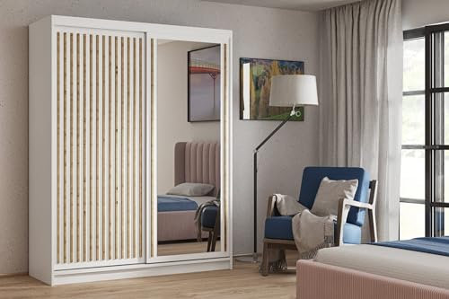BEAUTY SOFA Donatello Armoire avec miroir, étagères, tringle à vêtements, portes coulissantes et lamelles, armoire de couloir, blanche, largeur 120 cm