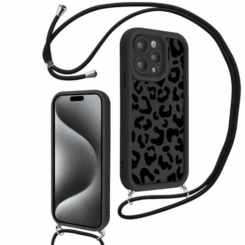 Xylota Handyband für iPhone 15 Pro Hülle mit Band, Silikon Aesthetic Muster Design Handyhülle mit Kette Kordel Schlüsselband, Mädchen Schutzhülle für iPhone 15 Pro zum Umhängen,Leopard