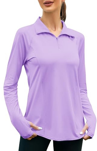 IECCP Women Workout Long Sleeve Shirts Yoga Running Tops 1/4 Zip UPF 50+ UV Sun Protection Exercise T-Shirts with Thumb Holes and Pockets Purple M