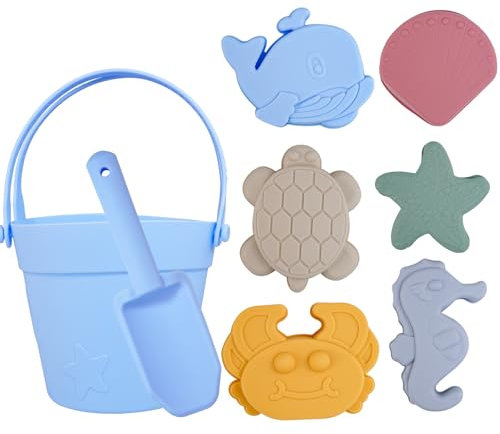 CHSEEO Sandspielzeug Silikon, 8 Stück Strandspielzeug Kinder, Sandkasten Spielzeug mit Eimer, Sandformen, Tierformen, Netzbeutel, Gartenspielzeug für Kinder, Sandspielzeug für Mädchen Junge-4