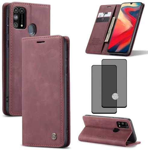 ZKGCG Kompatibel mit Samsung Galaxy M31 Handyhülle[Rot]+3D Tempered Glass/Leder Schutzhülle Wallet Klapphülle RFID Kartenfach Hülle Stoßfeste Bumper Ständer Phone Case Cover-2020