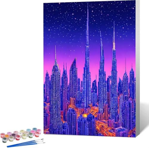 Malen Nach Zahlen Erwachsene Landschaft Malen Nach Zahlen mit Rahmen Malen Nach Zahlen Klein 40x50 cm Paint by Numbers Adult mit Pinseln und Acrylfarben Bastelset Home Haus Deko Geschenke (Stadt) H-M