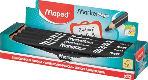 Maped - 12 schwarze Buntstifte für Schiefer, Marker'Peps Wood – Jumbo-Bleistifte, dreieckiger Schaft – Fettmine, FSC-Holz – trocken abwischbar – Schwarz