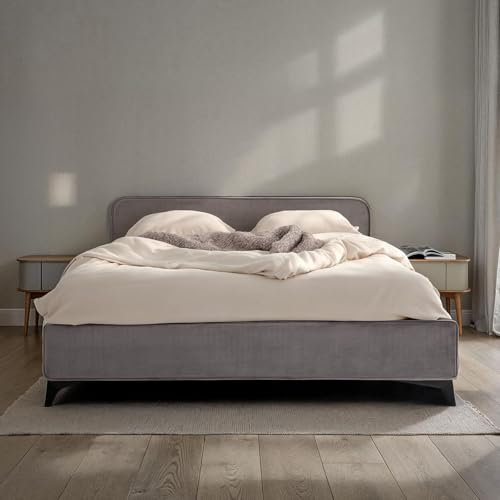 IDIMEX Polsterbett LAVORO Einzelbett 140x200, grau - Bett mit Lattenrost und Samtstoffbezug, Bettgestell mit gepolstertem Kopfteil, modernes Design, Robuster Holzrahmen & Metallbeine