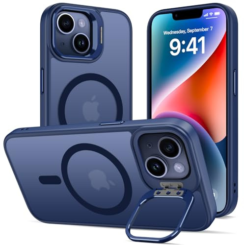 ÁRBOLORO Coque pour iPhone 14/13 avec Béquille, Compatible avec MagSafe, Etui de Téléphone avec Caméra Support en Métal Intégrée, Housse de Protection de Qualité Militaire, Mat Translucide Bleu