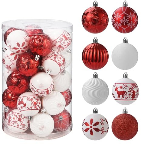 34 Stück Weihnachtskugeln,Christbaumkugeln Kunststoff Christbaumschmuck,Weihnachtsbaumschmuck Mit Schlüsselband,Rentier Gemaltes Set Balldekoration,Für Weihnachtsbaumschmuck (Weißrot)