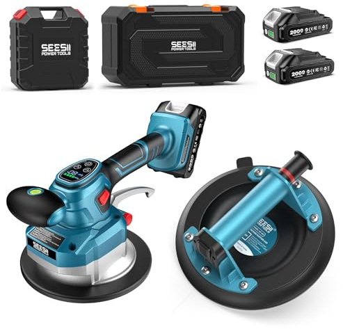 SEESII Fliesenrüttler & Saugheber Pro Set zum Heben & Verlegen von Fliesen | 145mm Fliesen Vibrationsgerät, 8 Saugnäpfe, 18.000 U/min gegen Luftblasen, mit 2 × 2000mAh, 10 Std., 10 St.