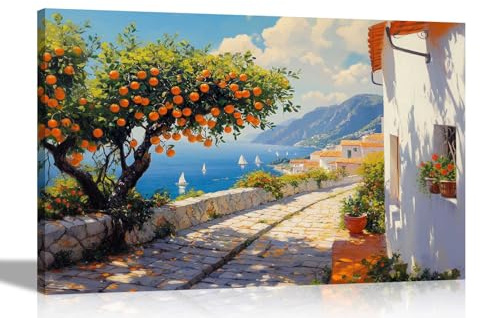 Artley Prints - Mediterranean Coast Landscape Orange Tree Colourful Canvas Wall Art Prints Home Living Room Decoration Artwork Extra Large 101 x 76cm (40 x 30 inches)