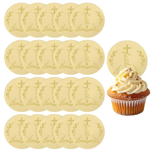 URROMA Runde Cupcake-Topper, Kreuz-Kuchenaufsatz für Babyparty, Weihnachten, Taufe, Kommunion, Taufe, Kirche, religiöse Dekoration, 20 Stück