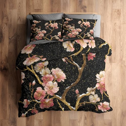 Générique 240 x 260 Housse de Couette Fleurs de Cerisier Parure de Lit - 2 Personnes, 2 Taies d'oreiller 65x65, Motif Japonaise Noir Rose Floral, Decoration Chambre, Microfibre Doux, Zippée [N0290]