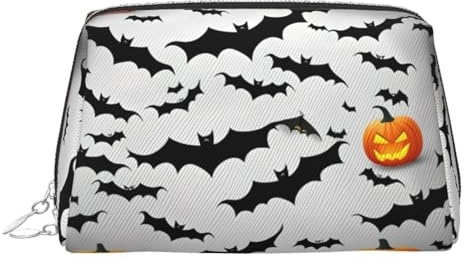 Trousse de toilette élégante en cuir avec imprimé chauve-souris volantes d'Halloween, trousse de maquillage pour sac à main avec fermeture éclair sur le dessus, Argenté., Taille unique