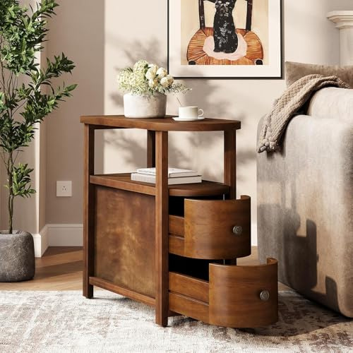 TRIBEWOOD Massivholz Beistelltisch, schmal Nachttisch Sofatisch mit 2 Schubladen & Ablage, Vintage Braun, kein Aufbau erforderlich, kompakte Sofa-Endtisch für Wohnzimmer, Schlafzimmer