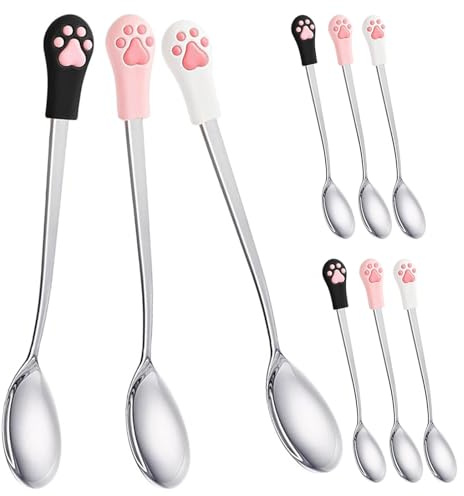 SMASOLO Cuillère pour Nourrir Les Petits Animaux 9 Pièces, Cuillères à Croquettes pour Chat en Silicone Alimentaire, 15 Cm, Lot Pattes de Chat Mignonnes, Ustensiles pour