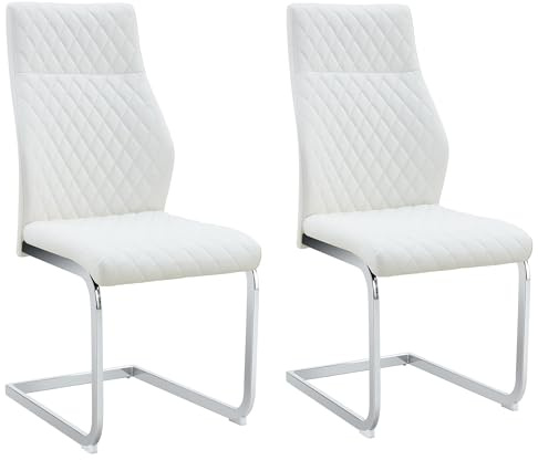 SEEDWAVE Esszimmerstuhl 2er Set Freischwinger, ergonomischer Küchenstuhl im skandinavischen Stil mit hoher Rückenlehne und pflegeleichtem PU-Leder-Bezug (Weiß silbern)