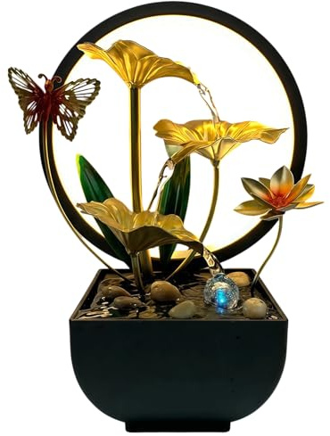 Tischbrunnen LED, Zimmerbrunnen Wasserfall mit Lichtring | Zimmerspringbrunnen Klein mit Lotusblumen und Schmetterlingen, Wasserfall Brunnen Deko für Büro, Wohnzimmer & Schlafzimmer