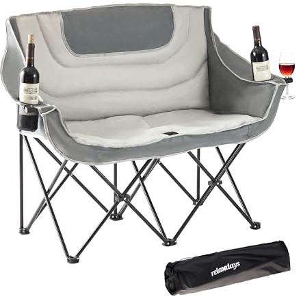 Relaxdays Camping Bank, faltbar, Tragetasche, Getränkehalter, 272 kg, Doppel Campingstuhl, Polyester & Metall, grau