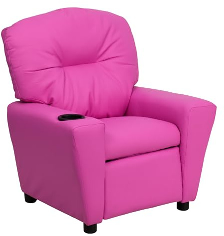 Flash Furniture Chandler Vinyl Kids Recliner with Cup Holder and Safety Recline, Contemporary Reclining Chair for Kids, Supports up to 90 lbs., Hot Pink