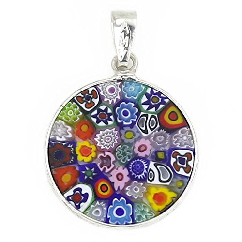 Glass Of Venice Petit Collier Pendentif millefiori en Verre de Murano Rond Multicolore dans Un Cadre en Argent Sterling pour Femme 3/4 Pouces 18 mm - Fait à la Main en Italie