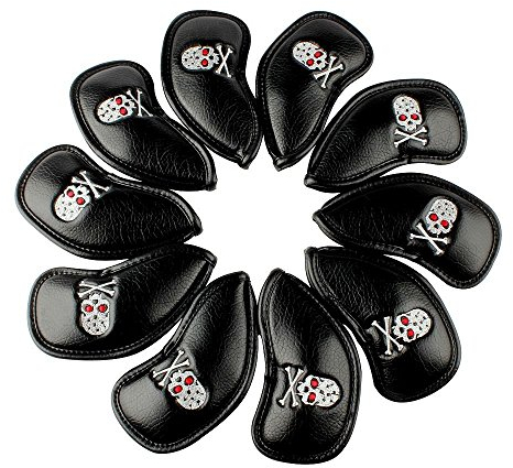 MamimamiH Golf 10pcs Black Skull Thick Pu Synthetic Leather Golf Iron Head Covers Set Headcover Skull Fit All Brands Titleist, Callaway, Ping, Taylormade, Cobra, Nike, Etc.