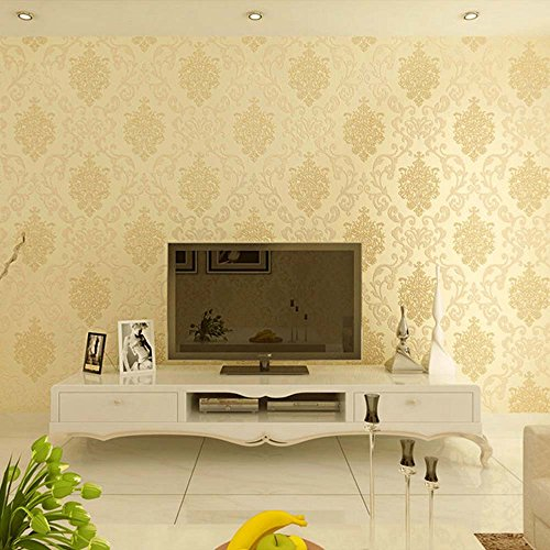 KeTian Luxus 3D Damast-Perlen-Puder Vliestapete im europäischen Stil als Rolle fürs Wohnzimmer, Schlafzimmer oder Hotel, beige, 0.53m (1.73' W) x 10m(32.8'L)=5.3m2 (57 sq.ft)