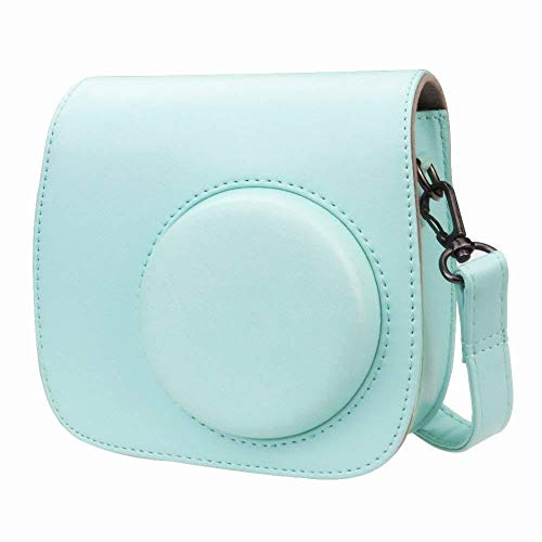 Eyeon Sac de Caméra Voyage Housse Étui pour Appareil Photo Instax Mini 9 Mini 8/8+, Pochette Sacoche Rangement Protection Cuir PU Lisse avec Bandoulière Amovible et Poche Intégrée (Bleu Glace)