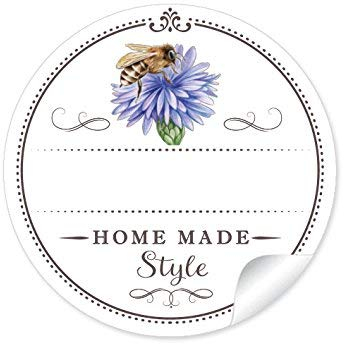 72 STICKER: Home Made Style 72 Schöne Honigetiketten für die Küche in weiß mit Biene auf Kornblume: mit Freitextfeld für die Honig Sorte (A4 Bogen) • Etiketten im Format 4 cm, rund, matt für Imker