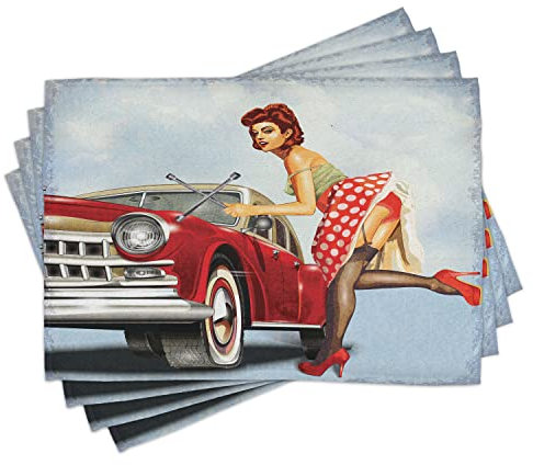 ABAKUHAUS Pin up Girl Platzmatten, Lady Zur Festsetzung des Autos, Waschbare Stoff Esszimmer Küche Tischdekorations Digitaldruck, Rot