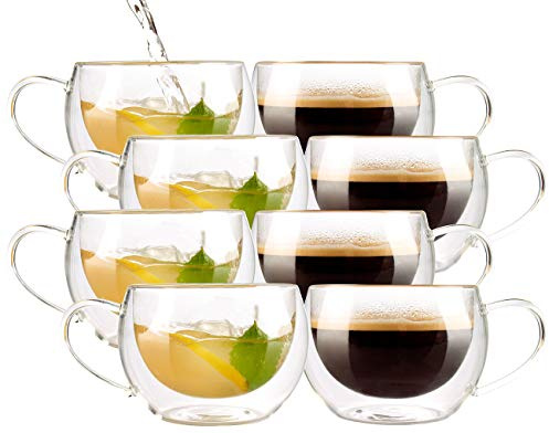 Cucina di Modena Glastassen doppelwandig: Doppelwandiges Kaffee- & Tee-Glas, 8er-Set (Doppelwandige Tassen mit Henkel, Gläs-Tassen als Geschenke, Doppelgläser)
