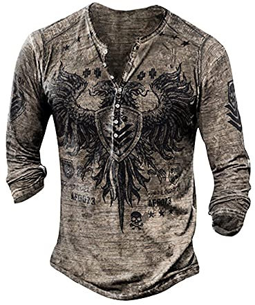 Mens Henley Shirts Vintage Distressed Tops Button Up Blouse Long Sleeve Casual Tee Shirts Gym Shirts L Grey Eagle