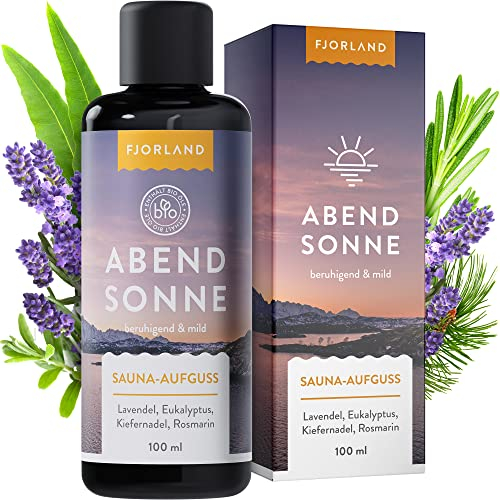 Fjorland Abendsonne Lavendel Saunaaufguss mit Eukalyptus, Rosmarin, Kiefer 100 ml mit BIO Ölen - Natürlicher Saunaduft mit ätherischen Ölen - Sauna Aufgussmittel extra hochdosiert