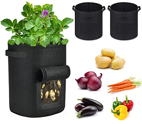 LUOGE Potato Grow Bags, 2 Pack 10 Gallon Plant Growing Bags, Breathable Non-woven Fabric Pots Plant Bags, with Flap and Handles Garden Vegetable Growing Bags for Potato, Tomato, Carrot (Black)