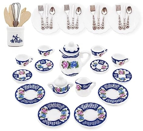 Odoria 1/12 Miniatur Teeservice Set Teller und Besteck Puppenhaus Zubehör, Blaue Blume
