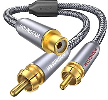 SOUNDFAM RCA Y Splitter RCA/Phono Splitter Cable 1 Female to 2 Male Gold-Plated Plug RCA Splitter Stereo Y Adapter for Subwoofer, TV, CD Player, Home Theater-Grey(1Feet/30cm)