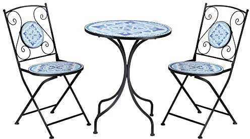Outsunny Ø 61 cm Garten Sitzgruppe 3-teiliges Bistro-Set Garnitur 1 Tisch+2 Faltbare Stühle für Terrasse Balkon Stahl Blau