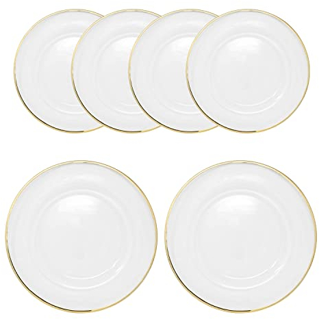 WedDecor 33 cm runder Aufladeteller, Set mit 6 Ladestellern, für Tafelaufsatz, Präsentation, Essteller-Set, Hochzeiten, Bankette, Weihnachtsfeiern, Tischdekorationen, Goldrand, Perlenblume