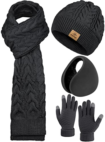 URATOT 4 Pack Winter Strick Set Dicke Strickmütze Hut Schal Handschuhe Ohrwärmer für Männer oder Frauen