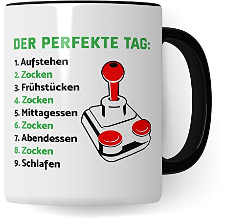 Zocker Tasse Geschenkidee Kaffeetasse Humor Witz Geschenk für Gamer Gamerin Kaffeebecher Zocken Becher (Weiß & Schwarz)