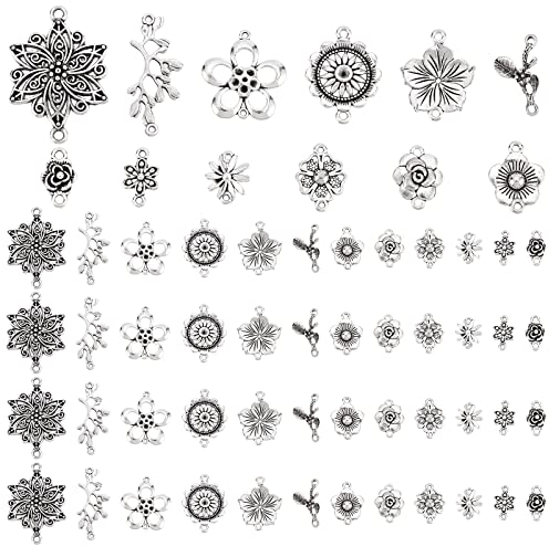 PandaHall 120 Stück Blumenstecker Charme, 12 Stile Tibetische Legierung Blume Charme Doppelloch Blume Link Anhänger für DIY Frühling Ohrring Halskette Armband Schmuck Machen