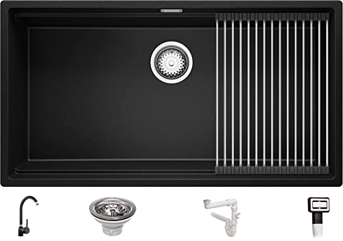 PRIMAGRAN Lavandino da Cucina Nero 86x47cm, Lavello in Granito a 1 vasca + Rubinetto 32x20cm + Set di accessori, Lavabo Incasso al mobile 90cm - Prague Slim S322